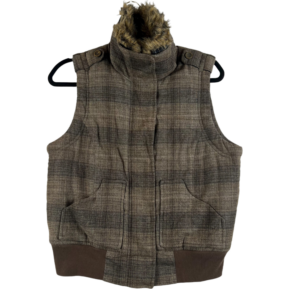 Allen B by Allen Schwartz Women's Size M Brown Plaid Insulated Vest Faux Fur